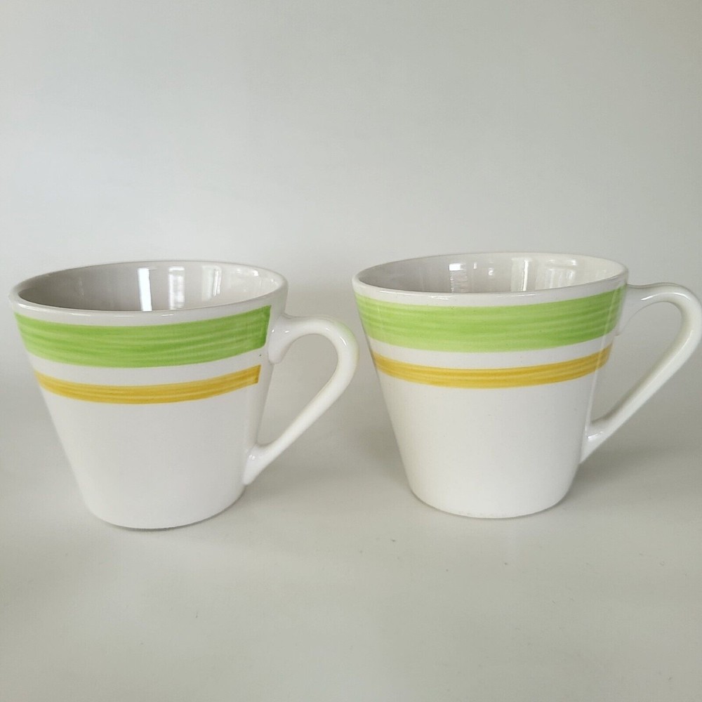Vintage Syralite 2 Coffee Tea Cups Green Yellow Stripe Syracuse China Boho